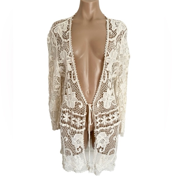 Vintage Style open weave Crochet Grandmacore bohemian Tie String Cardigan - Picture 4 of 8